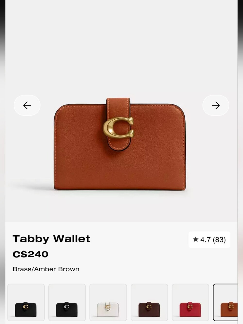Coach Tabby Wallet in Amber Brown Leather with C-Clasp